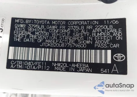 2007 Toyota Prius from USA, damaged, VIN JTDKB20U877579600